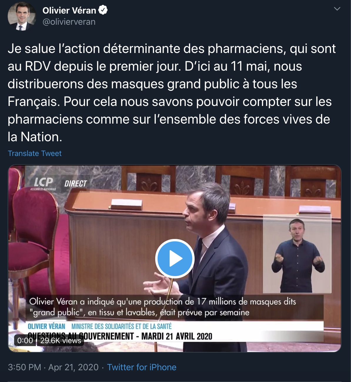 Olivier Véran remercie les Pharmaciens sur Twitter